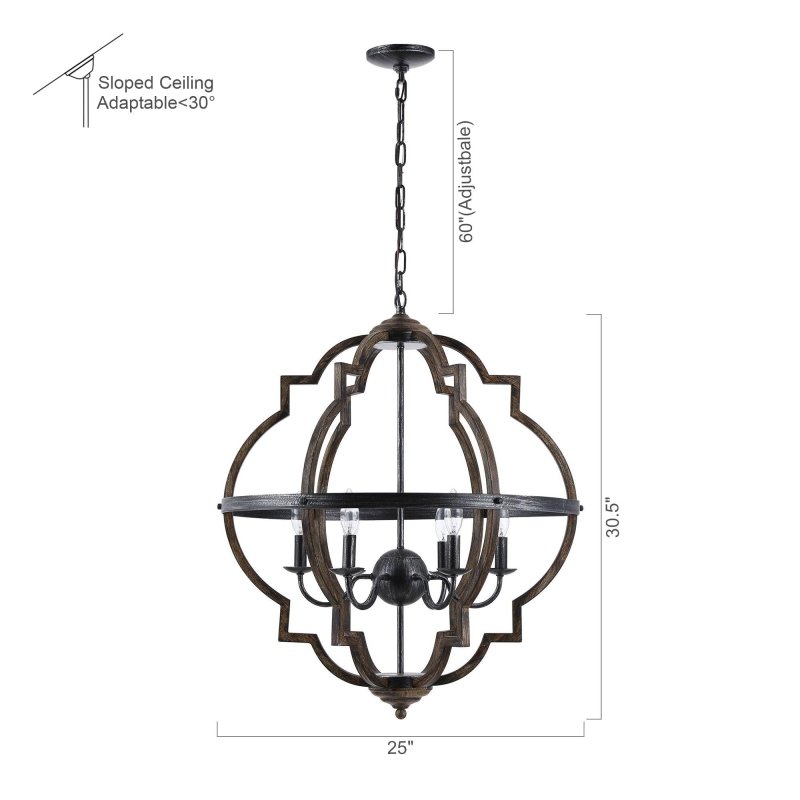 Cambon 6 - Light Distressed Black and Brushed Wood Lantern Geometric Chandelier - FCHF CITY