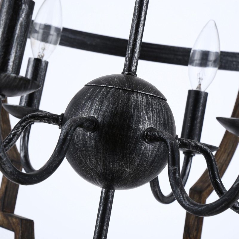 Cambon 6 - Light Distressed Black and Brushed Wood Lantern Geometric Chandelier - FCHF CITY