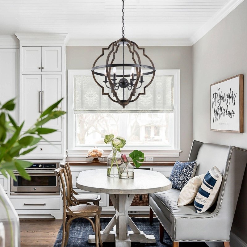 Cambon 6 - Light Distressed Black and Brushed Wood Lantern Geometric Chandelier - FCHF CITY