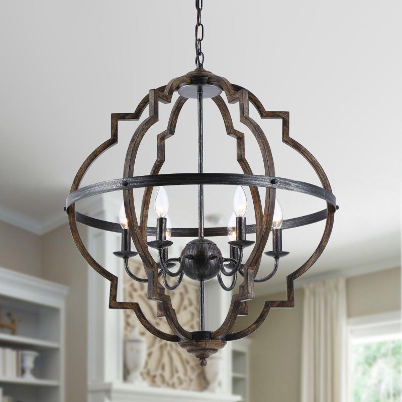 Cambon 6 - Light Distressed Black and Brushed Wood Lantern Geometric Chandelier - FCHF CITY