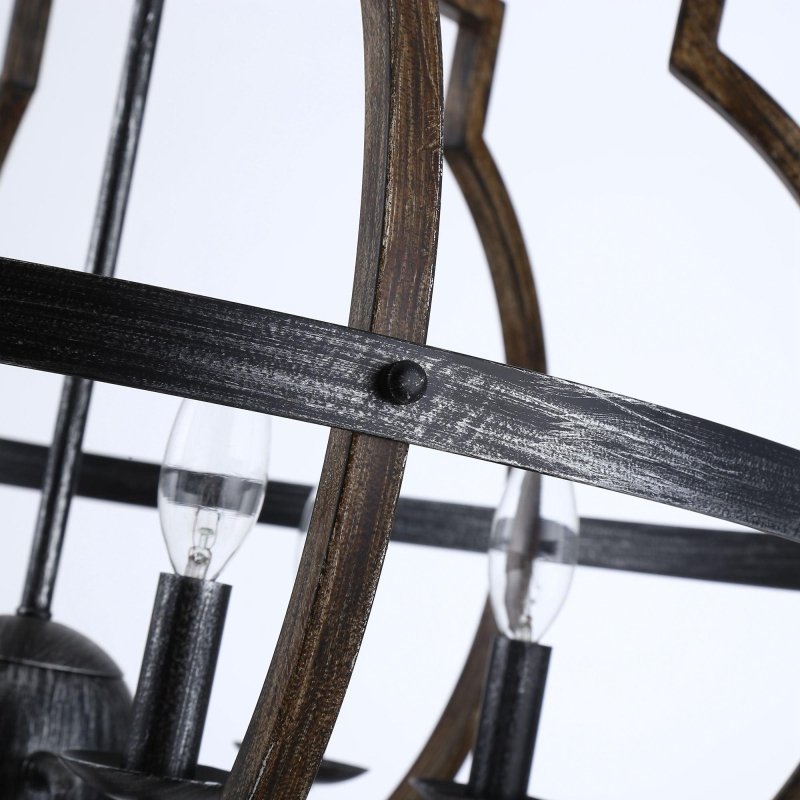 Cambon 6 - Light Distressed Black and Brushed Wood Lantern Geometric Chandelier - FCHF CITY