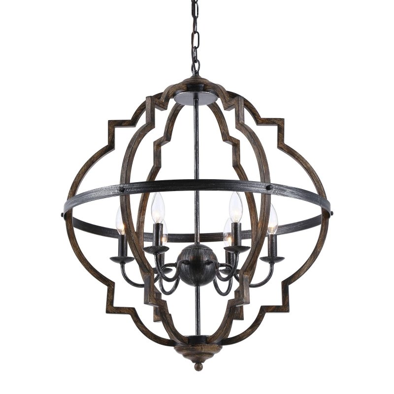 Cambon 6 - Light Distressed Black and Brushed Wood Lantern Geometric Chandelier - FCHF CITY