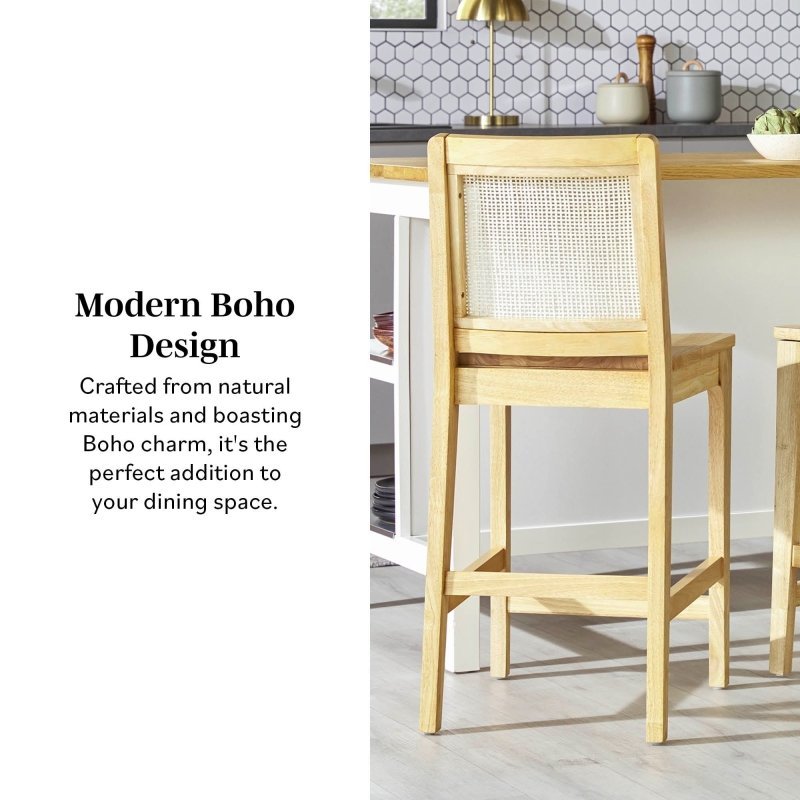 Emmeline Rattan Wood Bar Stool, Set of 2 - FCHF CITY