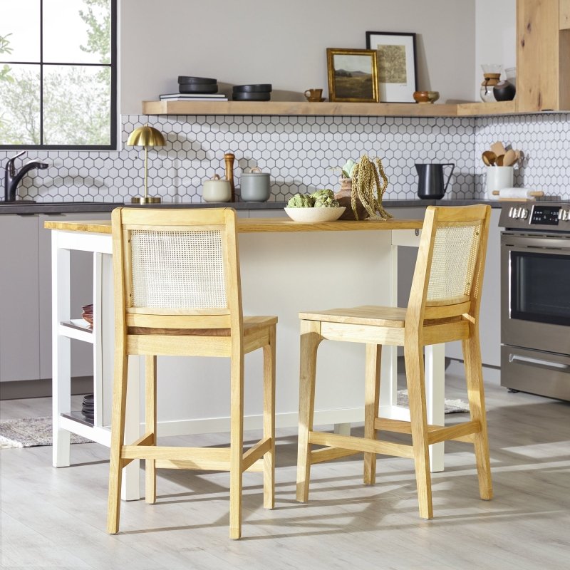 Emmeline Rattan Wood Bar Stool, Set of 2 - FCHF CITY