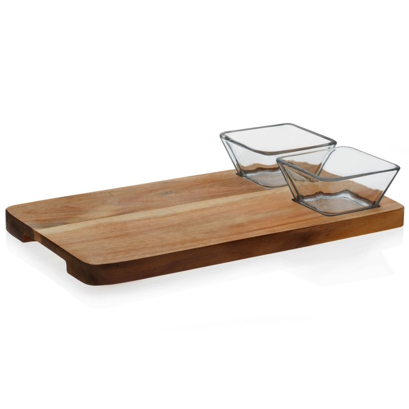 Libbey Acaciawood 2 - Piece Glass Dipping Bowl Set with Wood Serving Board - FCHF CITY