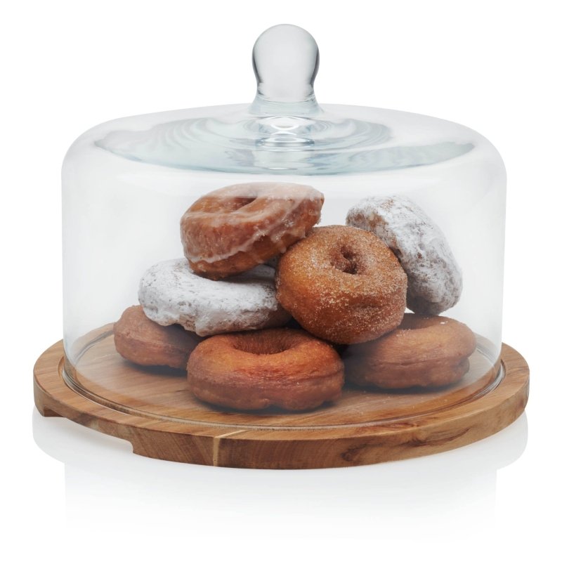 Libbey Acaciawood Flat Round Wood Server Cake Stand with Glass Dome - FCHF CITY