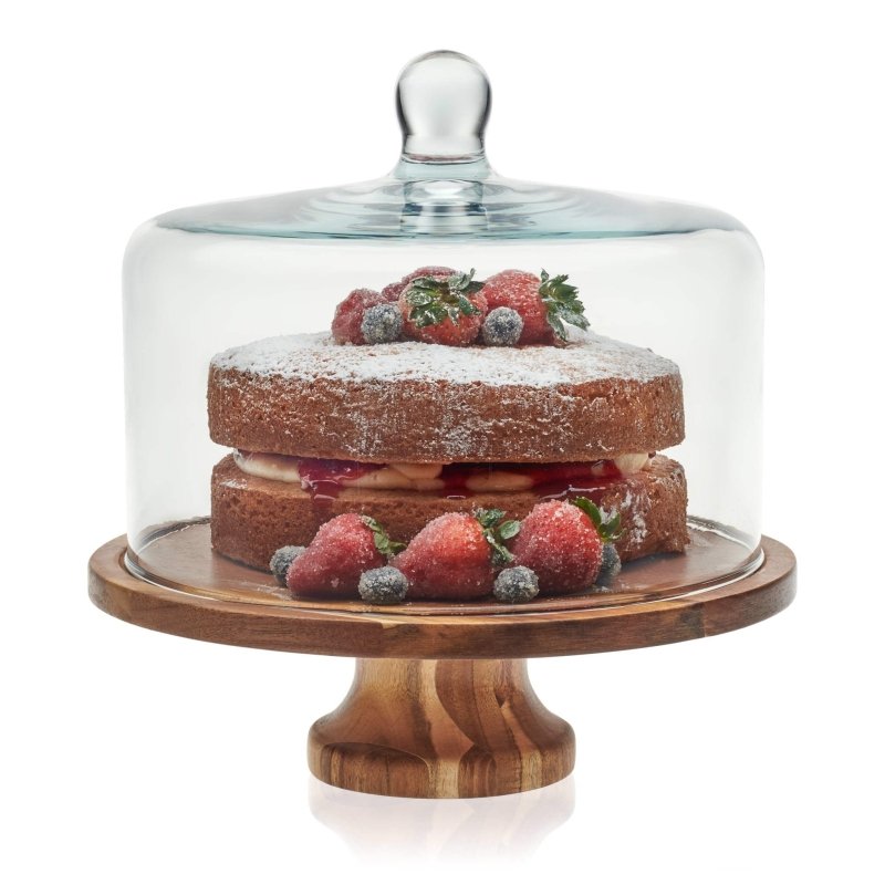Libbey Acaciawood Footed Round Wood Server Cake Stand with Glass Dome - FCHF CITY