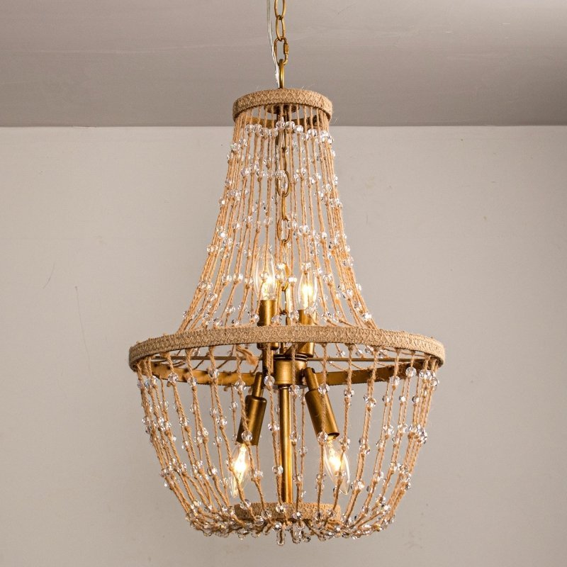 Modern Beaded Basket Weathered Wood 4 - Light Chandelier - FCHF CITY
