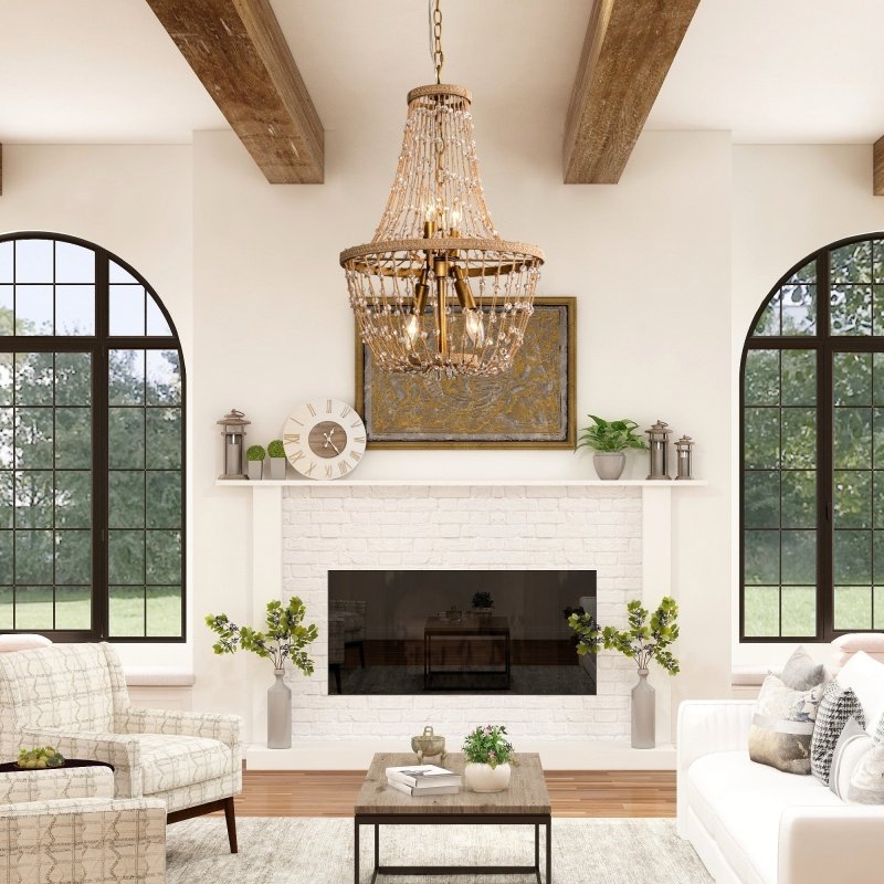 Modern Beaded Basket Weathered Wood 4 - Light Chandelier - FCHF CITY