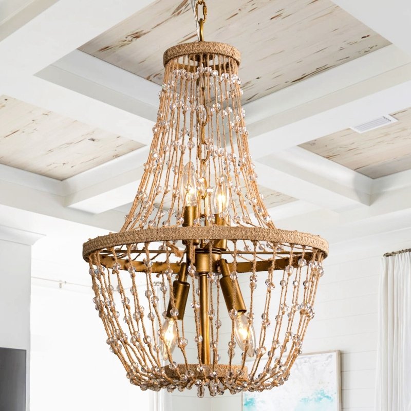 Modern Beaded Basket Weathered Wood 4 - Light Chandelier - FCHF CITY