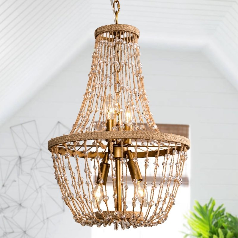 Modern Beaded Basket Weathered Wood 4 - Light Chandelier - FCHF CITY
