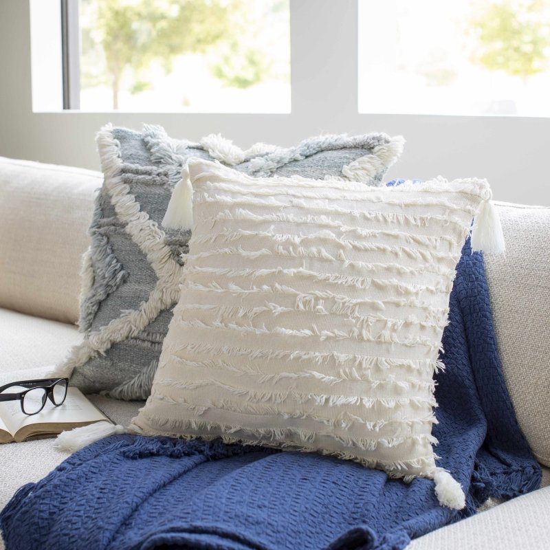 Odon Textured Ivory Tassel Square Pillow - FCHF CITY