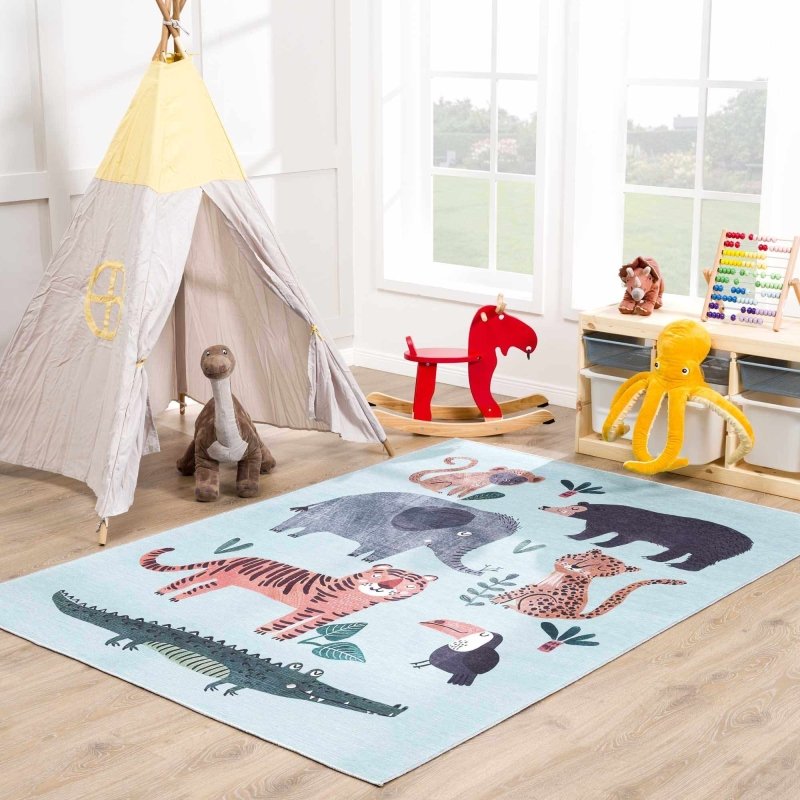 Petey Blue Animal Print Washable Kids Rug - FCHF CITY