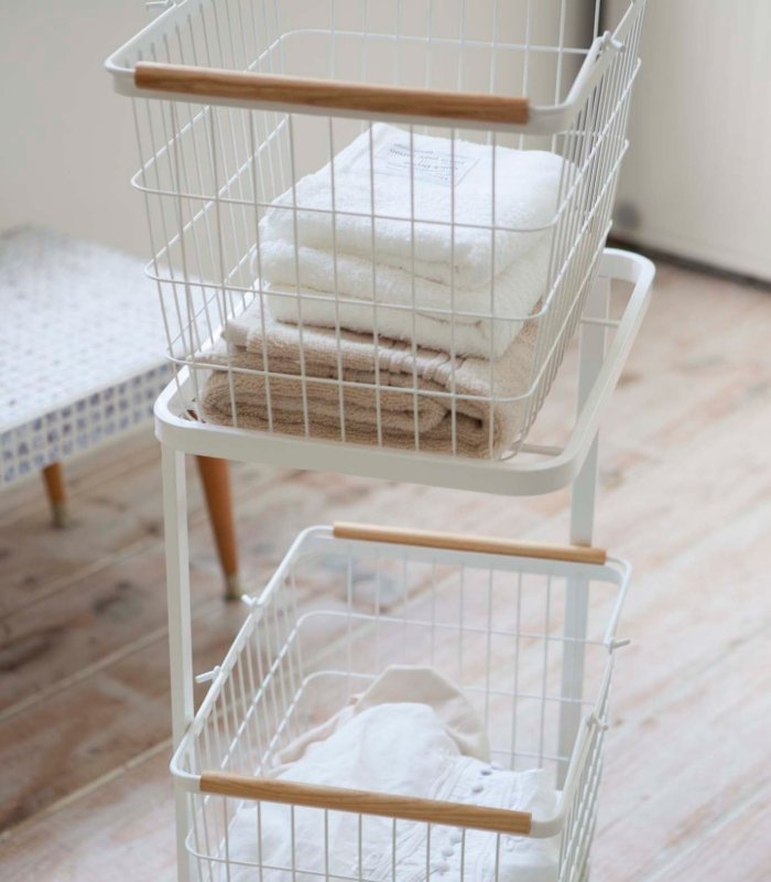 Rolling Laundry Cart + Wire Baskets - Steel + Wood - FCHF CITY