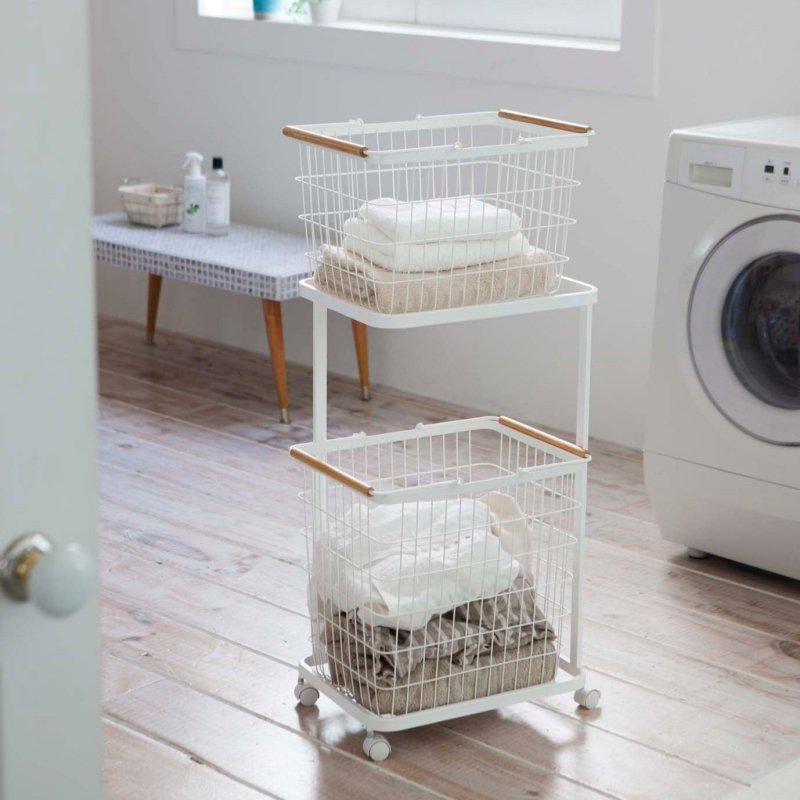 Rolling Laundry Cart + Wire Baskets - Steel + Wood - FCHF CITY