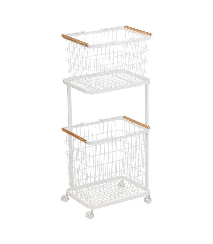 Rolling Laundry Cart + Wire Baskets - Steel + Wood - FCHF CITY
