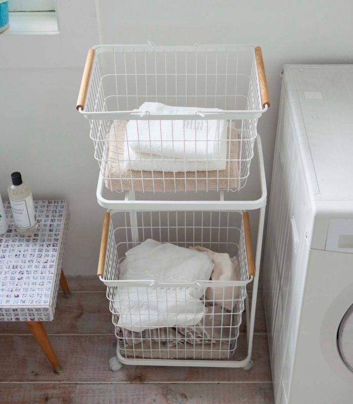 Rolling Laundry Cart + Wire Baskets - Steel + Wood - FCHF CITY