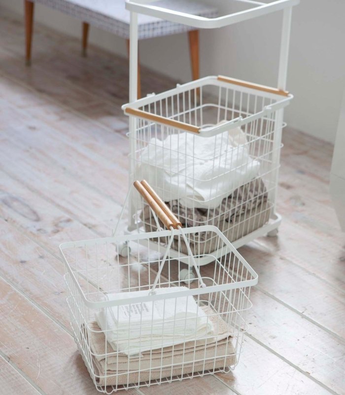 Rolling Laundry Cart + Wire Baskets - Steel + Wood - FCHF CITY