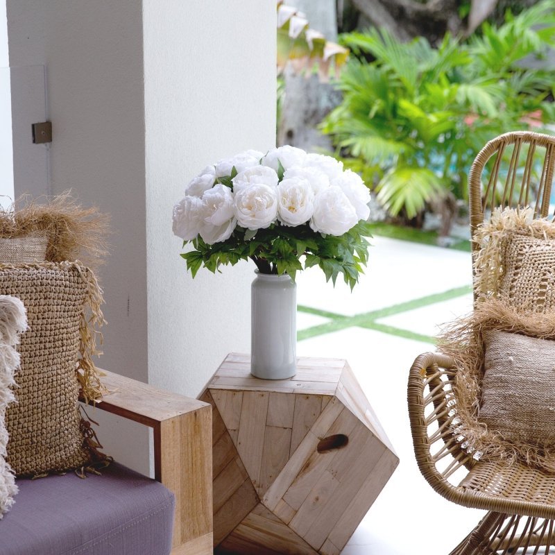 Signature Collection 20” Peony Artificial Arrangement in White Glass Vase - FCHF CITY