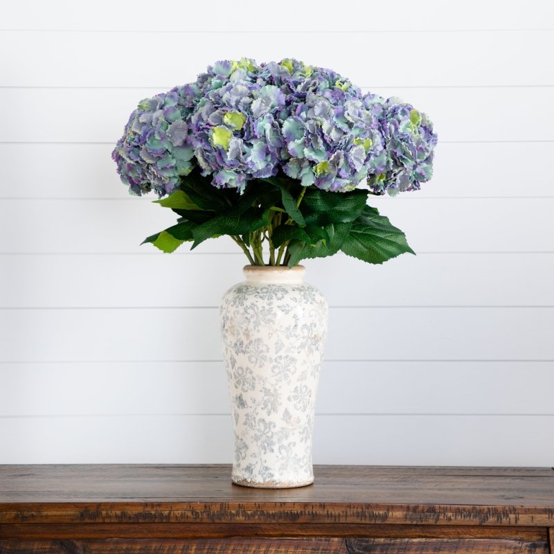 Signature Collection 30” Artificial Hydrangea Arrangement in Ceramic Floral Printed Vase - FCHF CITY