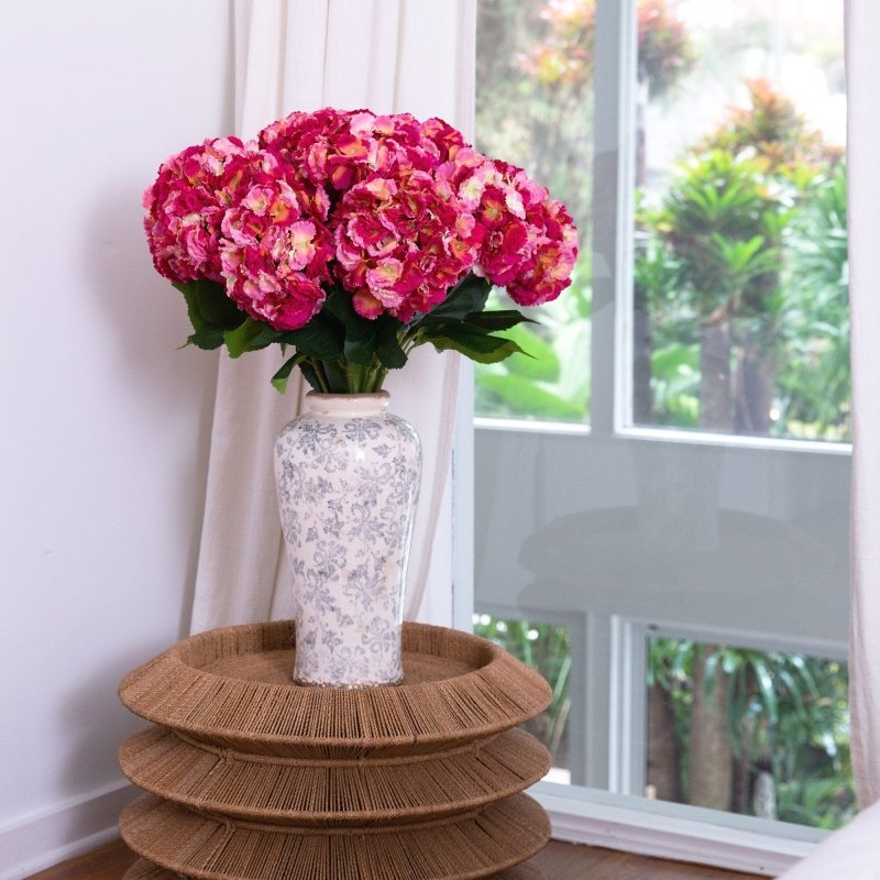 Signature Collection 30” Artificial Hydrangea Arrangement in Ceramic Floral Printed Vase - FCHF CITY