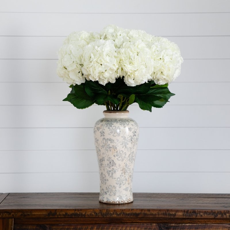 Signature Collection 30” Artificial Hydrangea Arrangement in Ceramic Floral Printed Vase - FCHF CITY