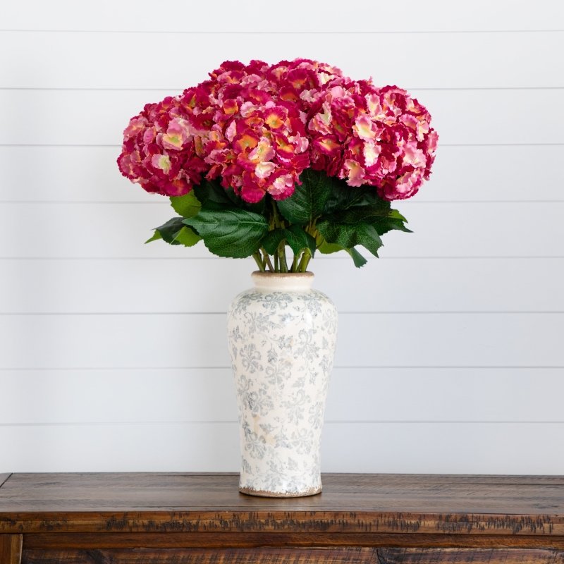 Signature Collection 30” Artificial Hydrangea Arrangement in Ceramic Floral Printed Vase - FCHF CITY