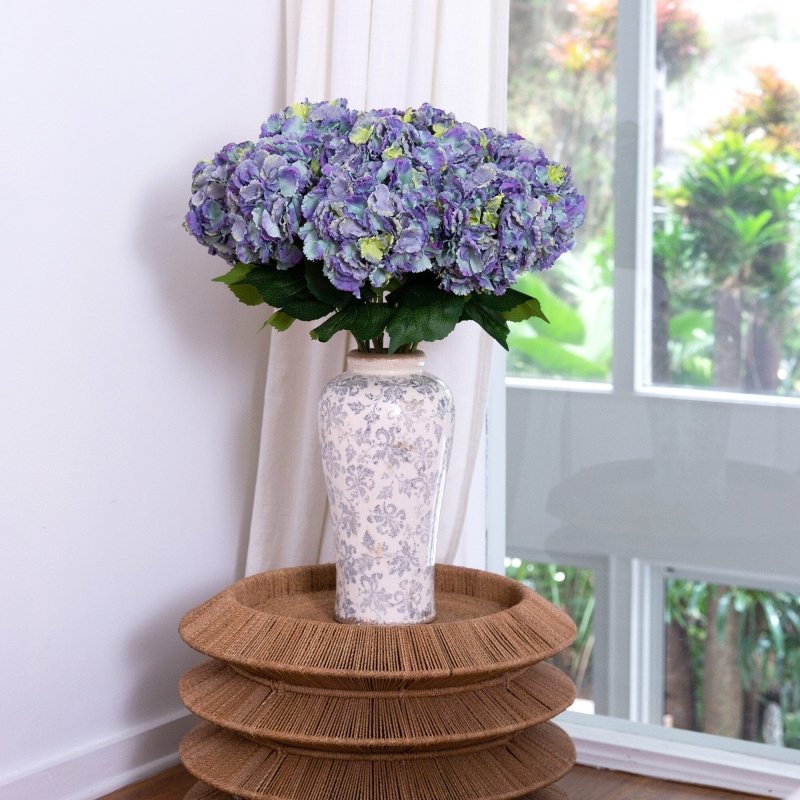 Signature Collection 30” Artificial Hydrangea Arrangement in Ceramic Floral Printed Vase - FCHF CITY