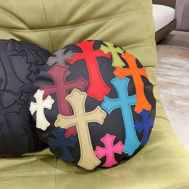 Iconic Cross Patch Black Leather Round Pillow