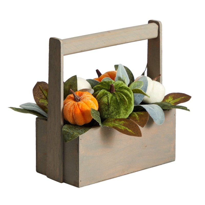 10” Fall Pumpkin Artificial Autumn Arrangement in Wood Basket - FCHF CITY
