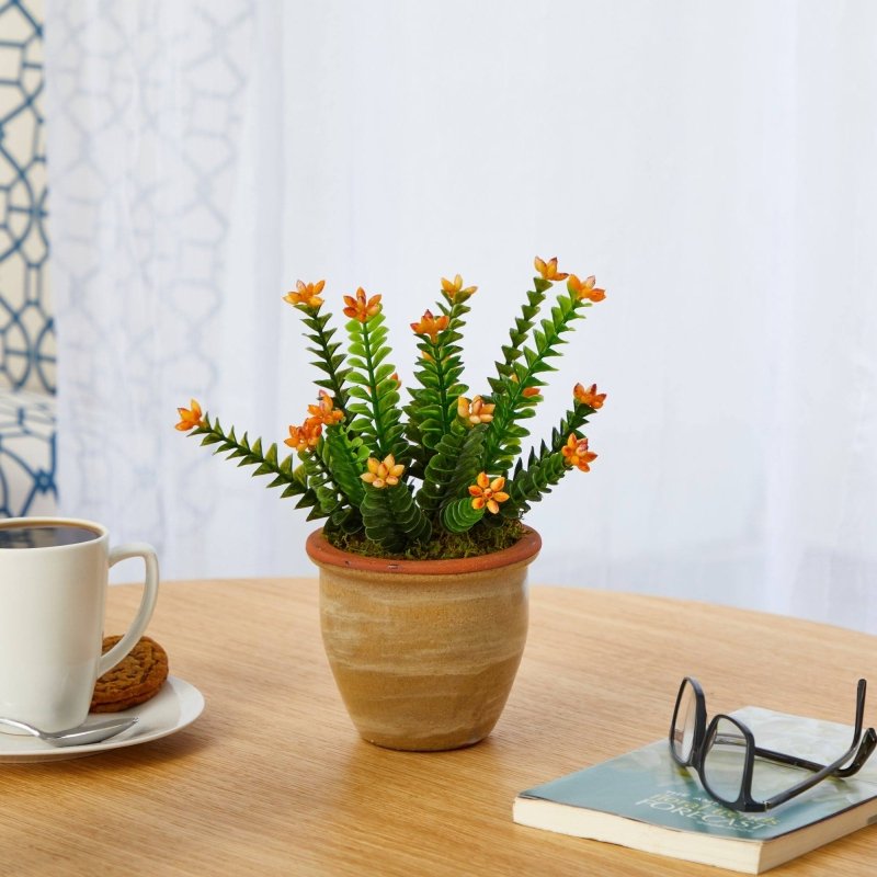 10” Flowering Sedum Succulent Artificial Plant in Ceramic Planter - FCHF CITY