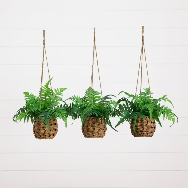 10” UV Resistant Artificial Boston Fern in Hanging Wicker Basket (Indoor/Outdoor) - Set of 3 - FCHF CITY