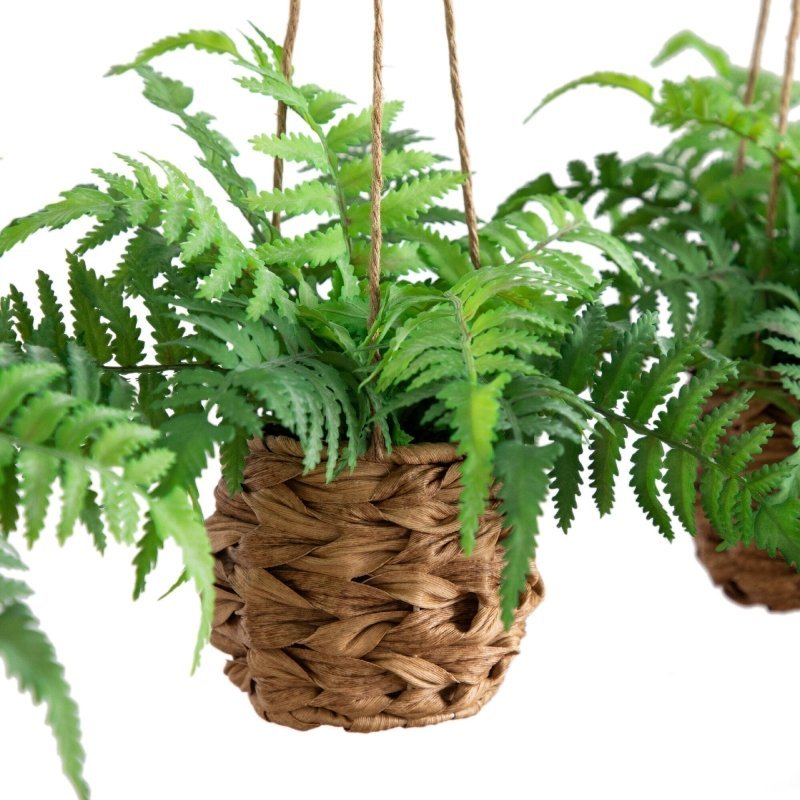 10” UV Resistant Artificial Boston Fern in Hanging Wicker Basket (Indoor/Outdoor) - Set of 3 - FCHF CITY