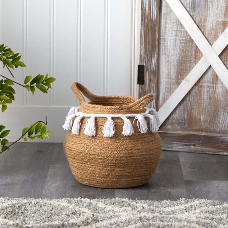 11” Boho Chic Handmade Natural Cotton Woven Planter with Tassels - FCHF CITY