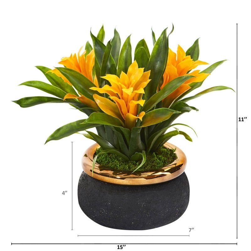11” Bromeliad Artificial Plant in Stoneware Planter - FCHF CITY