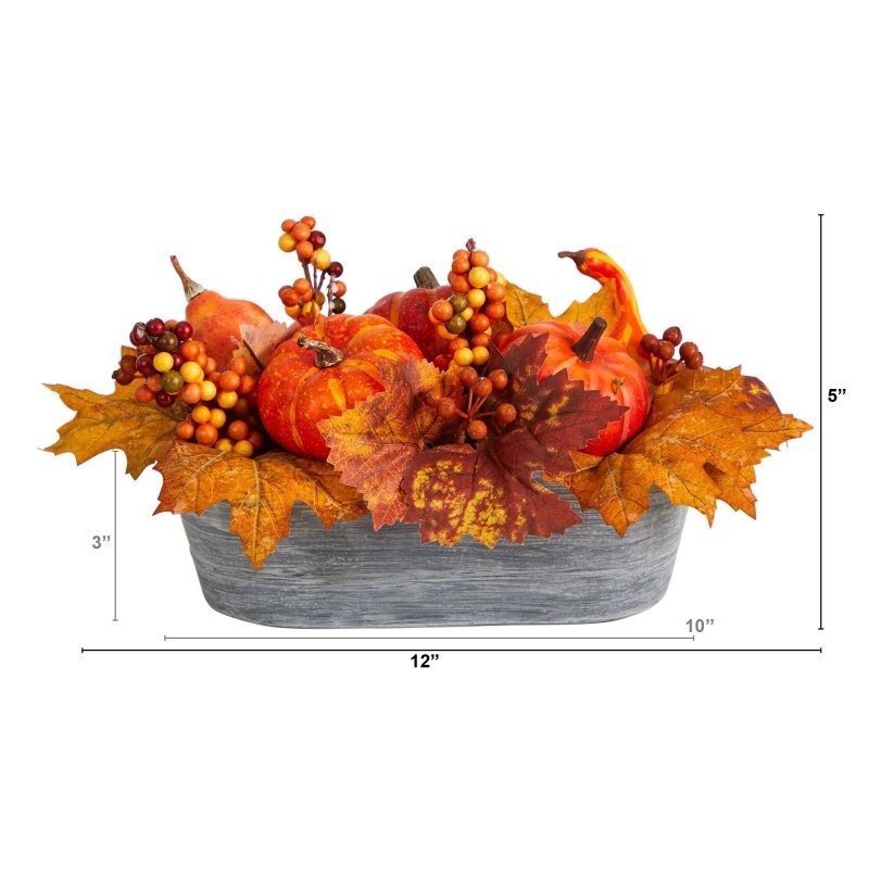 12” Fall Pumpkin and Berries Autumn Harvest Artificial Arrangement in Washed Vase - FCHF CITY