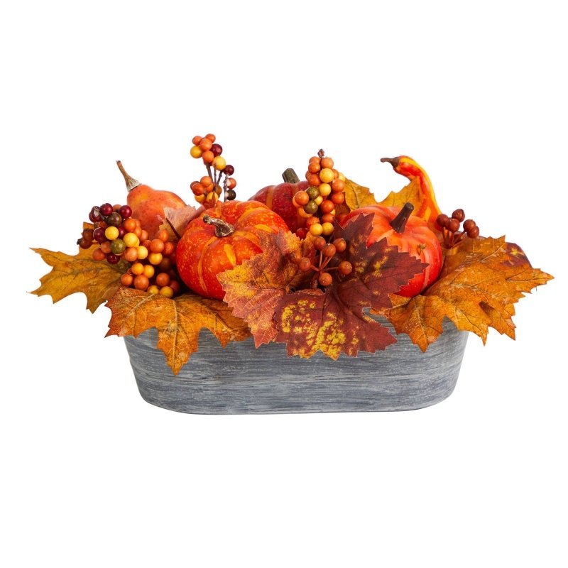 12” Fall Pumpkin and Berries Autumn Harvest Artificial Arrangement in Washed Vase - FCHF CITY