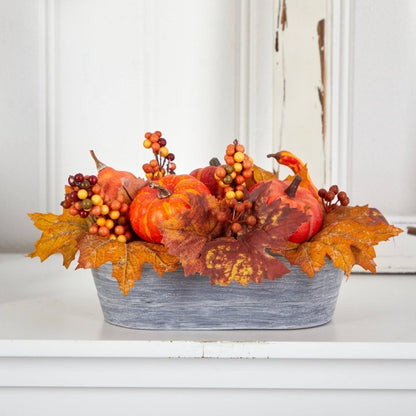 12” Fall Pumpkin and Berries Autumn Harvest Artificial Arrangement in Washed Vase - FCHF CITY