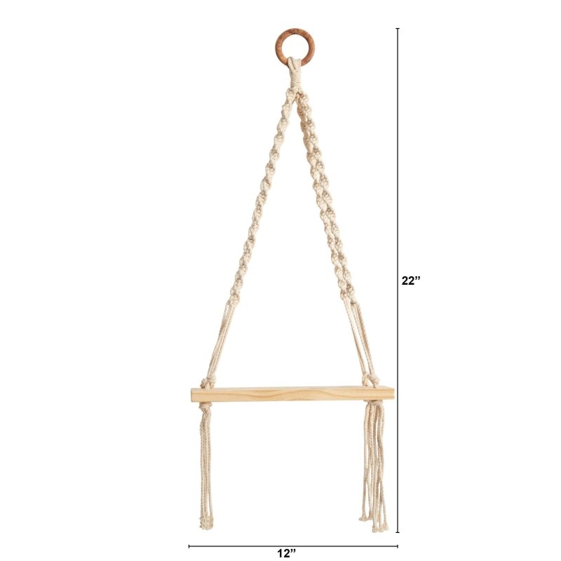 12” x 22” Hand Woven Macrame Wall Hanging with Wooden Shelf - FCHF CITY