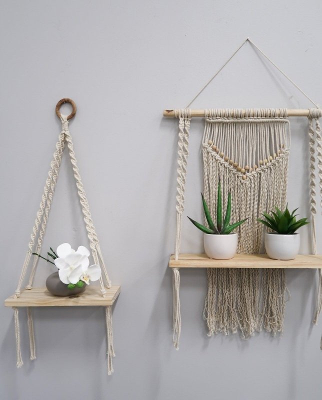 12” x 22” Hand Woven Macrame Wall Hanging with Wooden Shelf - FCHF CITY
