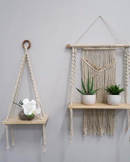 12” x 22” Hand Woven Macrame Wall Hanging with Wooden Shelf - FCHF CITY