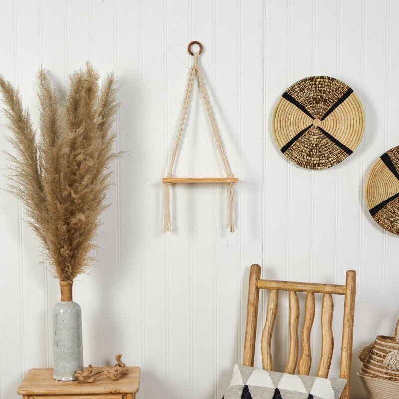 12” x 22” Hand Woven Macrame Wall Hanging with Wooden Shelf - FCHF CITY