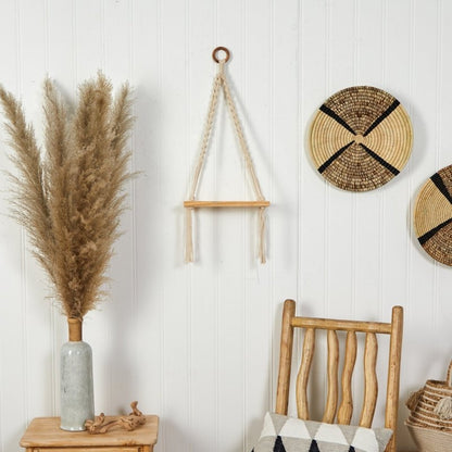 12” x 22” Hand Woven Macrame Wall Hanging with Wooden Shelf - FCHF CITY