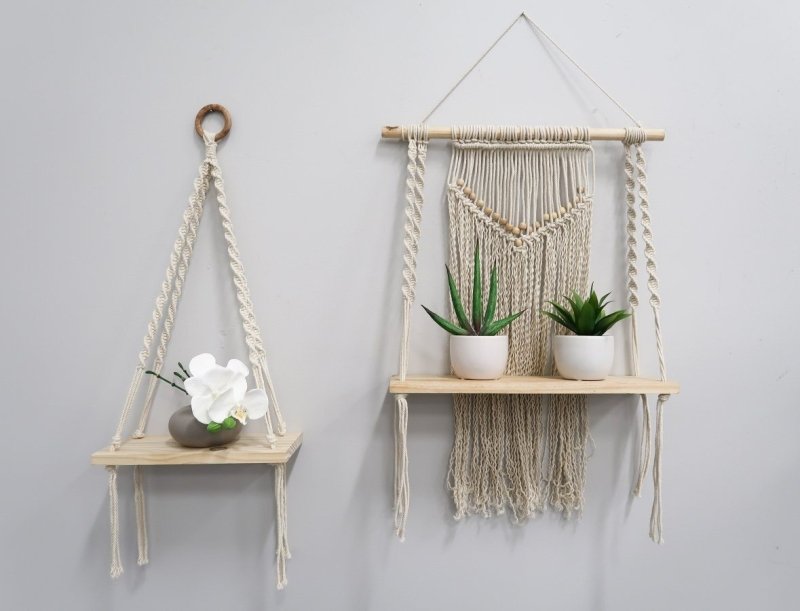 12” x 22” Hand Woven Macrame Wall Hanging with Wooden Shelf - FCHF CITY
