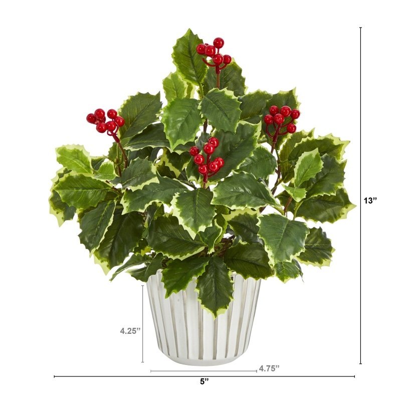 13” Variegated Holly Leaf Artificial Plant in White Planter with Silver Trimming (Real Touch) - FCHF CITY