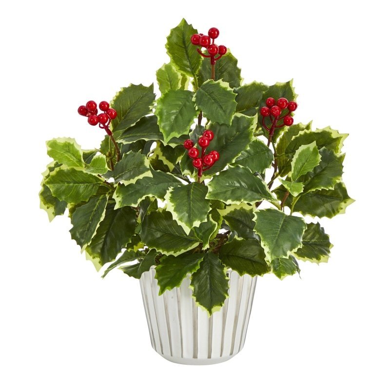 13” Variegated Holly Leaf Artificial Plant in White Planter with Silver Trimming (Real Touch) - FCHF CITY