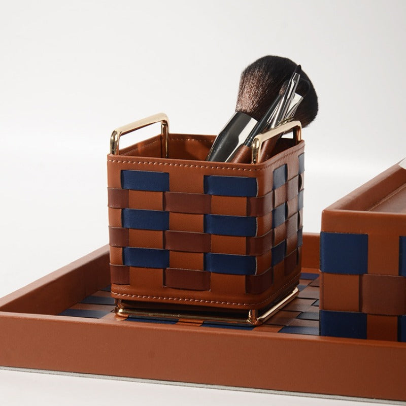 Modern Woven Checkered Storage Bin, Faux‑Leather Decor Organizer for Home