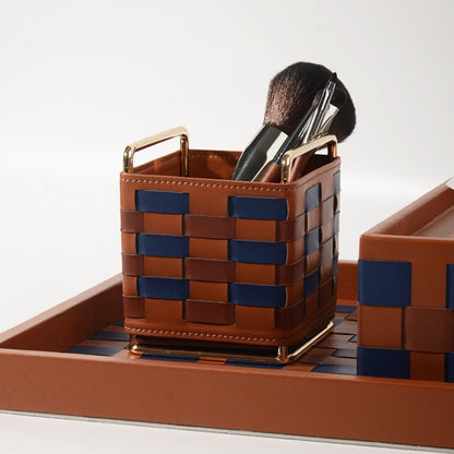 Modern Woven Checkered Storage Bin, Faux‑Leather Decor Organizer for Home