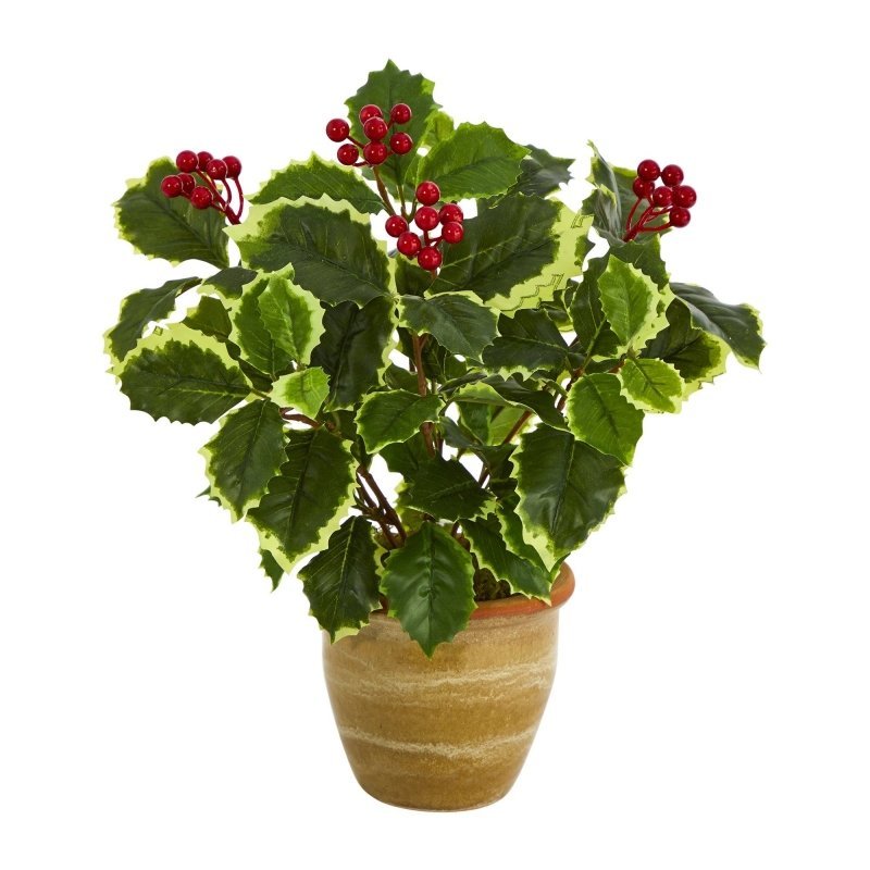 14” Variegated Holly Leaf Artificial Plant in Ceramic Planter (Real Touch) - FCHF CITY