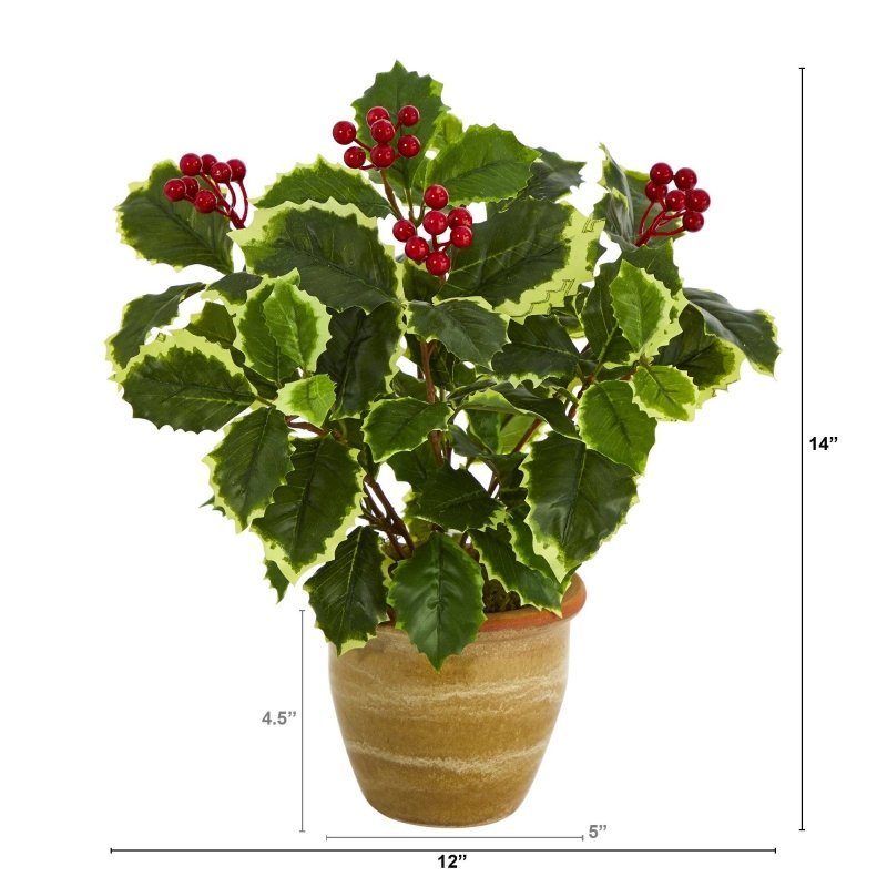 14” Variegated Holly Leaf Artificial Plant in Ceramic Planter (Real Touch) - FCHF CITY